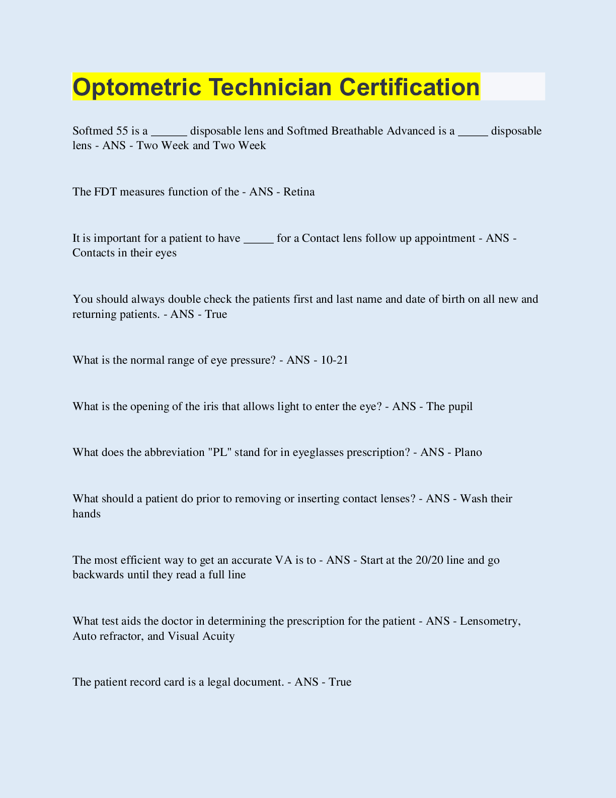 Preview of Optometric Technician Certification | 130 Questions with 100% Correct Answers | Updated &